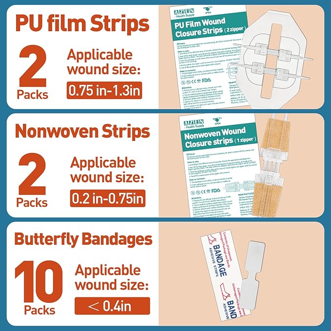 AZEN 14 Pack Emergency Wound Closure Strips, Butterfly Bandages, Emergency Laceration Closure Kit, Repair Wounds Without Stitches, Quick Clot Zip Stitch Wound Closures Device