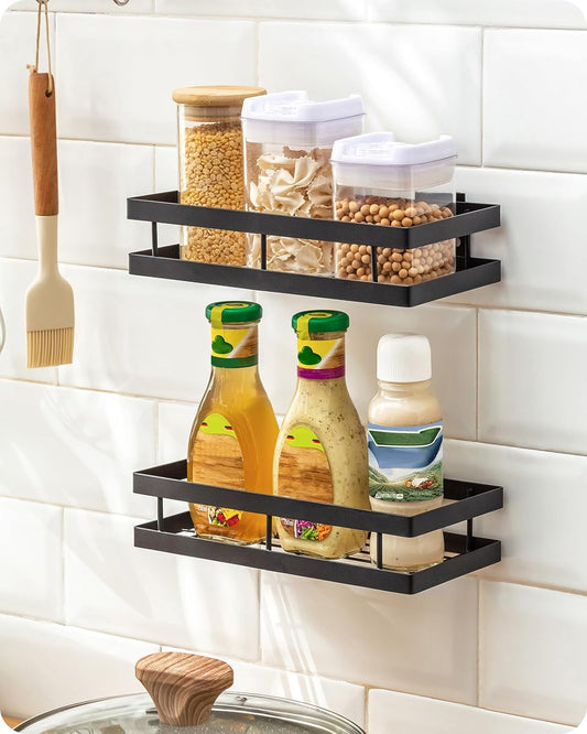 Metal Spice Rack Wall Mount Floating Shelves 2 Pack Black Storage organizer for Cabinet Door Pantry Kitchen Bathroom Supplies (9.8inches length)