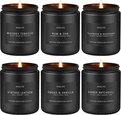 Scented Candles Set | Gifts for Men - 6Pack Candle Set - Masculine Candle, Soy Candles for Home Scented, Aromatherapy Gift - Fragrance of Smoke Vanilla/Leather/Mahogany/Tobacco/Oak/Amber Patchouli
