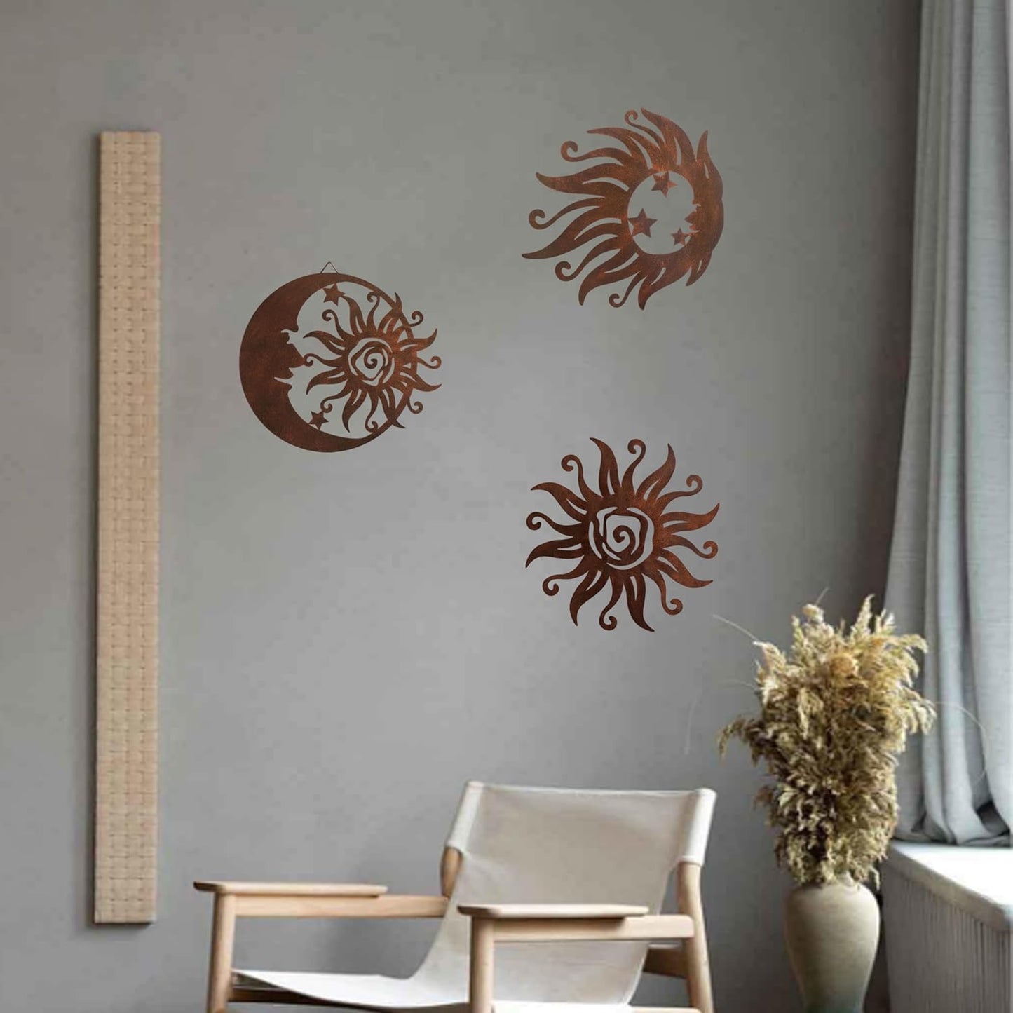 Limygus Sun Moon Wall Hanging, Wall Sculpture, Metal Wall Art Indoor/Outdoor Decor Rust Colored Rust Proof Wall Sculpture - Ideal for Bedrooms Gardens Homes Patios and Farmhouses Set of 3