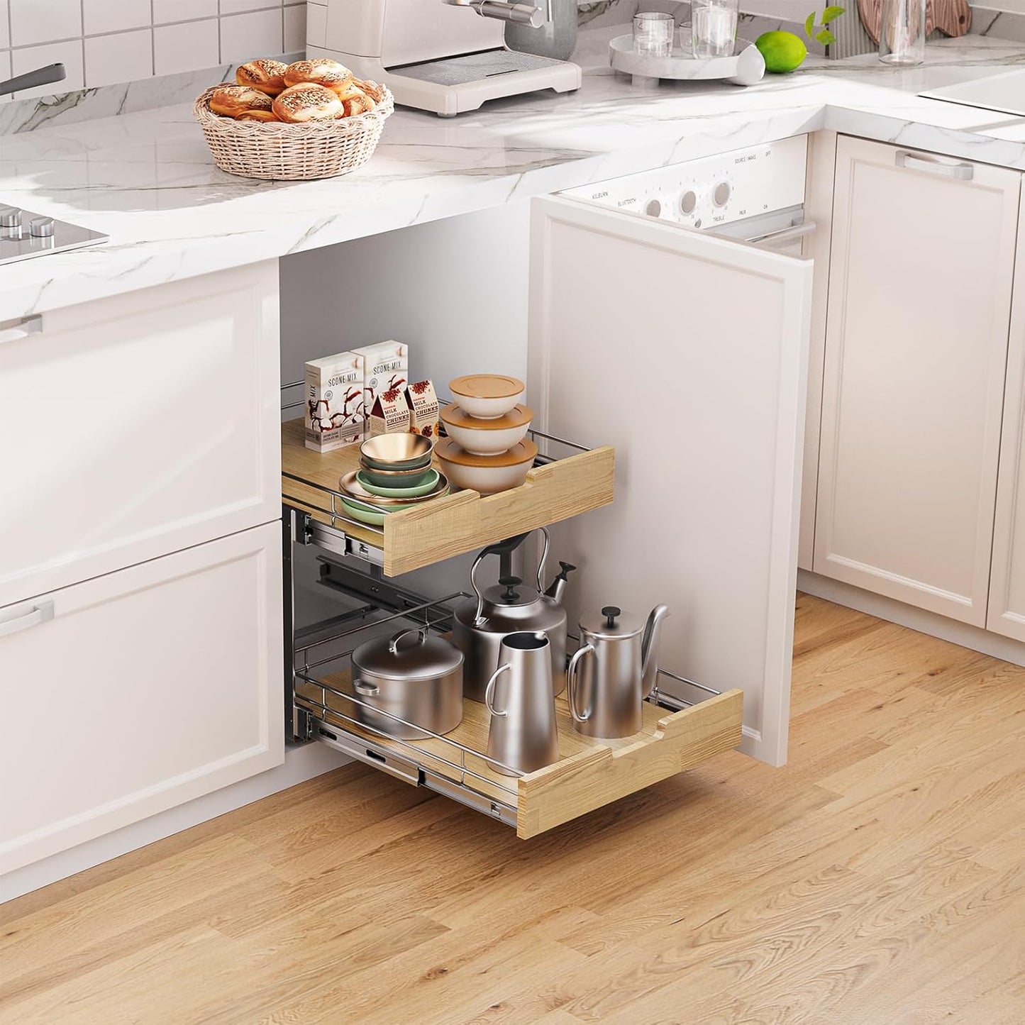 Pull Out Cabinet Organizer,Heavy-Duty Slide Out Shelf, Wood and Wire Basket, Pull Out Drawer for for Kitchen Under Sink Space, Pantry, Bathroom, 2 Tie 20 * 21 in