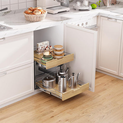 Pull Out Cabinet Organizer,Heavy-Duty Slide Out Shelf, Wood and Wire Basket, Pull Out Drawer for for Kitchen Under Sink Space, Pantry, Bathroom, 2 Tie 14 * 21 in