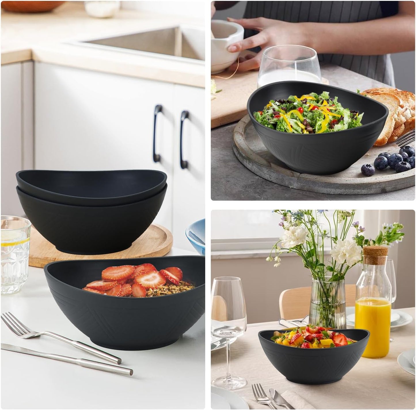 65oz Large Salad Bowls Black - Wheat Straw Salad bowls Set of 4 - Unbreakable Salad Bowls Dishware & Microwave Safe - BPA Free Bowls for kitchen,camping