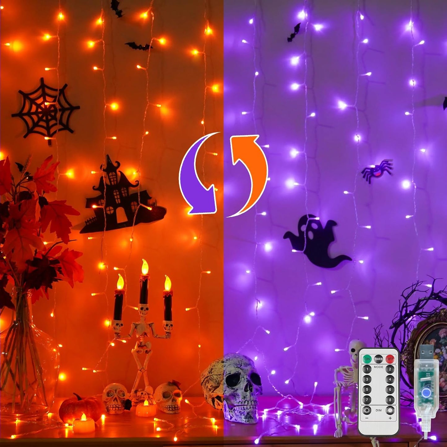 suddus Color Changing Curtain Lights for Halloween, 200 LED 6.5ft x 6.5ft Hanging String Lights with USB, Curtain Fairy Lights Indoor for Bedroom Wall, Party, Porch, Holiday, Purple and Orange