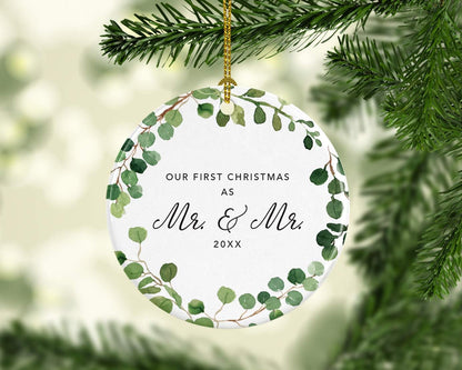 Andaz Press Custom Year Round Ceramic Porcelain Christmas Tree Ornament Keepsake Collectible Gift, Our First Christmas as Mr. & Mr. 2025, Farmhouse Eucalyptus Wreath, 1-PackGay Couple