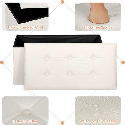 SUPER DEAL Folding Storage Ottoman Bench, Waterproof Faux Leather Ottoman Padded Seat Footrest Bench for Living Room, Bedroom, Entryway, Small Spaces, 15 x 30 x 15 inches, Creamy White