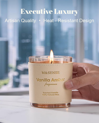 M&SENSE Vanilla Amber Scented Candles-Vegan Soy Wax, Floral Naturally Scented, No Toxin 10oz 42-Hour Long Burning Time, Cozy Relaxing Calming Candle for Bathtub & Sleep, Housewarming Gift
