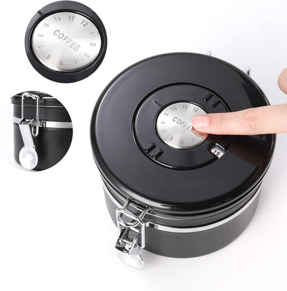 malmo Coffee Canister, Airtight Coffee Container with Date Tracker Lid, Stainless Steel Canister for Kitchen Food Storage (Black, 9oz)