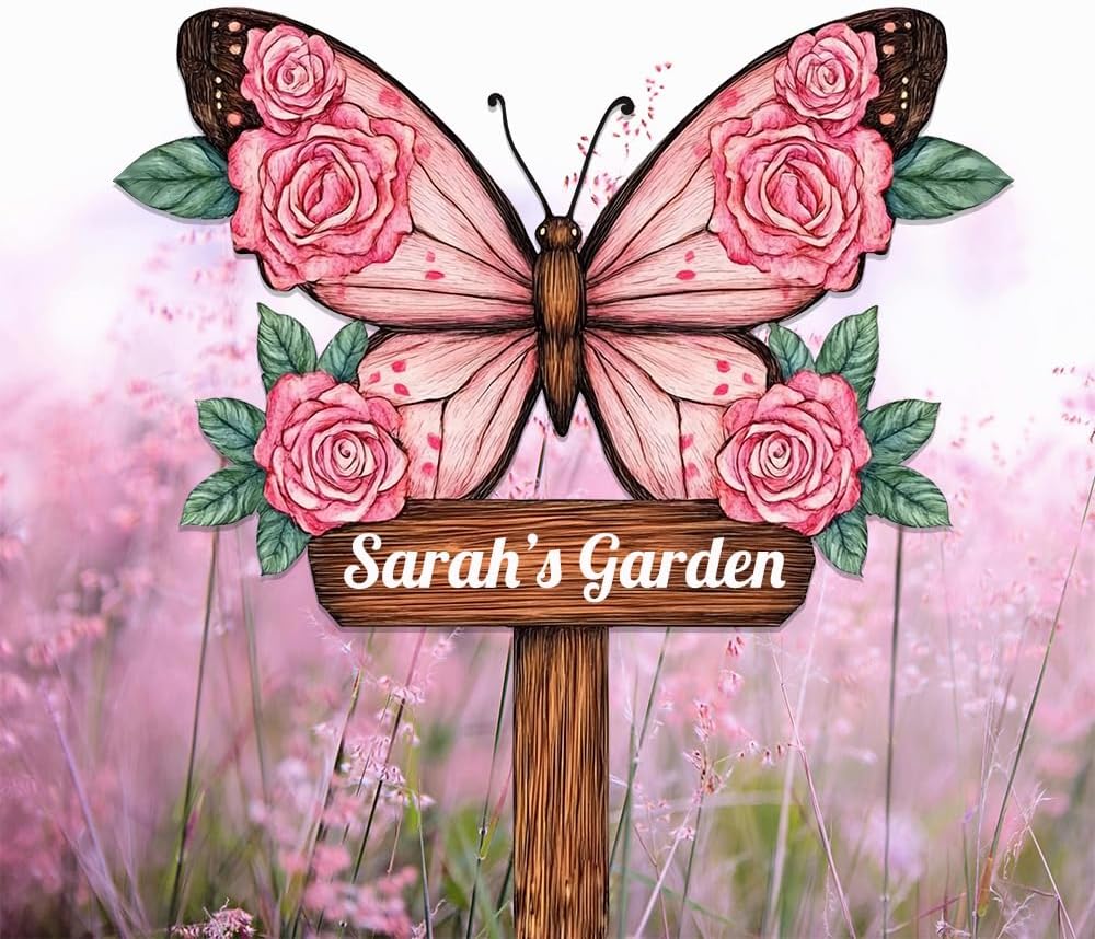 Personalized Butterfly Metal Sign with Stake,Custom Gardener Last Name Signs Outdoor Decorate,Customized Garden Accessories Decor for Mother's Day,Rose Flowers Plaques for Patio Lawn Porch Backyard