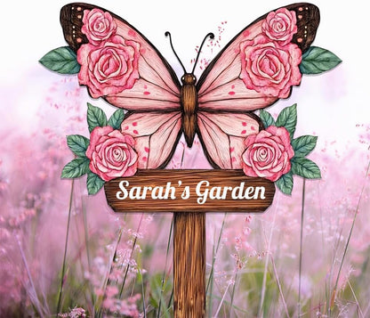 Personalized Butterfly Metal Sign with Stake,Custom Gardener Last Name Signs Outdoor Decorate,Customized Garden Accessories Decor for Mother's Day,Rose Flowers Plaques for Patio Lawn Porch Backyard