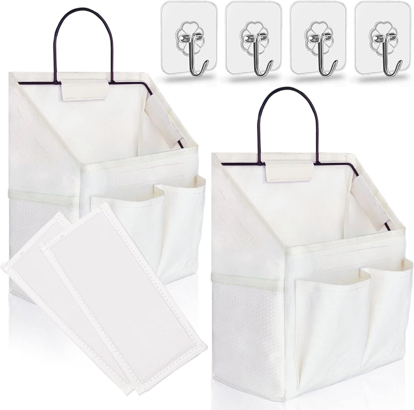 2pcs Small Wall Hanging Organizer Bag, Linen Fabric Door Hanging Storage Basket with Pockets, Waterproof Bin for Kitchen, Bedroom, Office, RV Camper (White)