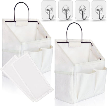 2pcs Small Wall Hanging Organizer Bag, Linen Fabric Door Hanging Storage Basket with Pockets, Waterproof Bin for Kitchen, Bedroom, Office, RV Camper (White)