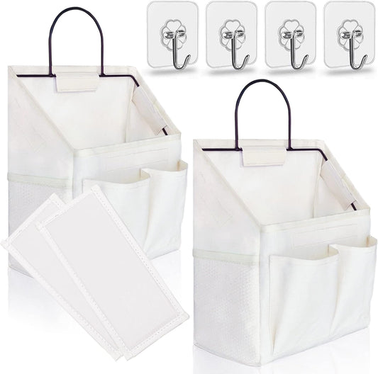 2pcs Small Wall Hanging Organizer Bag, Linen Fabric Door Hanging Storage Basket with Pockets, Waterproof Bin for Kitchen, Bedroom, Office, RV Camper (White)