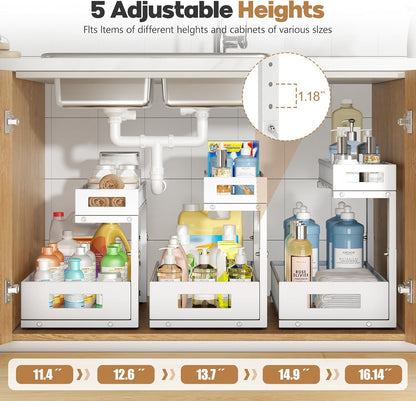 1 Pack 17IN Depth Under Sink Storage Organizer, Large 2-Tier Elegant Mesh Pull Out Shelf for Kitchen and Bathroom Cabinet Organization, L-Shaped and Adjustable Height Design-White