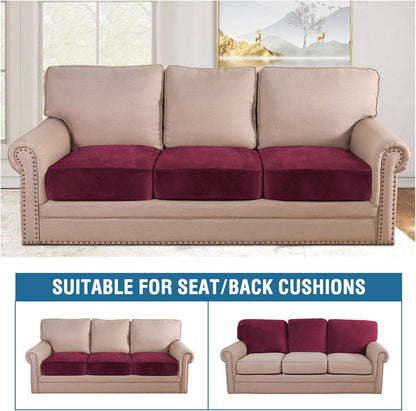 H.VERSAILTEX Velvet Stretch Couch Cushion Cover Plush Cushion Slipcover for Chair Loveseat Sofa Cushion Furniture Protector Seat Cushion Sofa Cover (3 Piece XL Sofa Cushion Covers, Burgundy)