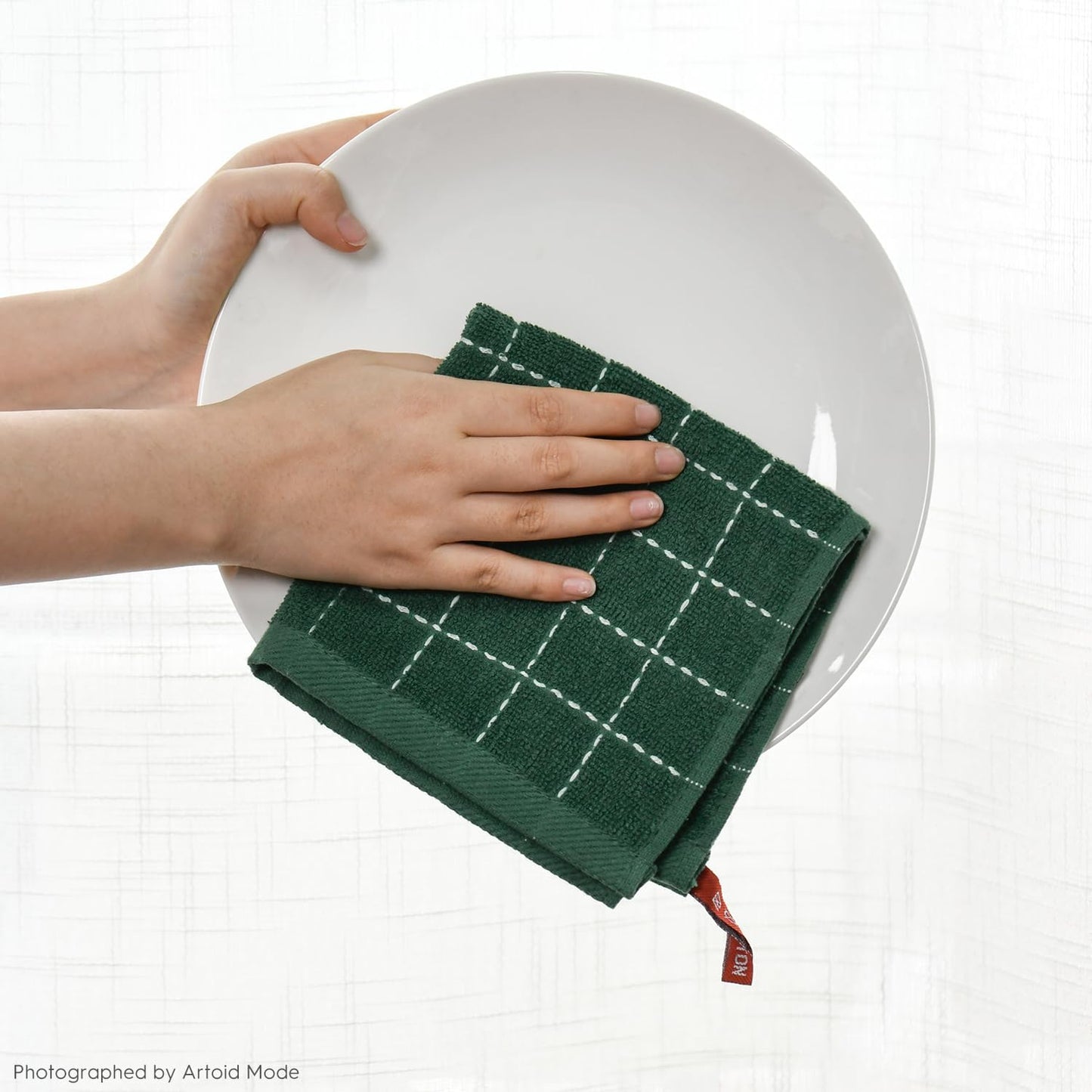 Artoid Mode Checkered Designed Cotton Grey Black Green Terry Kitchen Dish Cloths, 12x12 Inch Soft Absorbent Quick Drying Kitchen Rags Set of 6