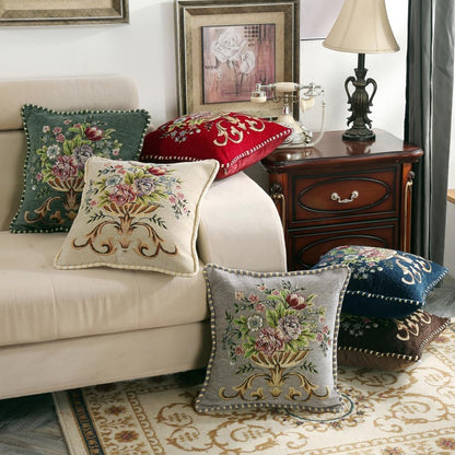 Set of 2 Beige Vintage Throw Pillows Covers 18x18in，Floral Embroidered Cushion Cover for Sofa Bedroom，Euro Sham Covers Retro Home Decor Pillows Covers