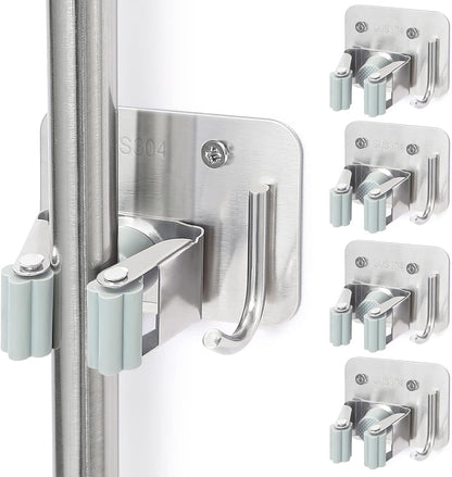 Broom Holder Wall Mount Screw Drilling, Sturdy Heavy Duty Stainless Steel Mop Gripper Rack Perforated, Perfect for Laundry Room Organizer, Fit with Laundry Kitchen Garage Garden Storage System