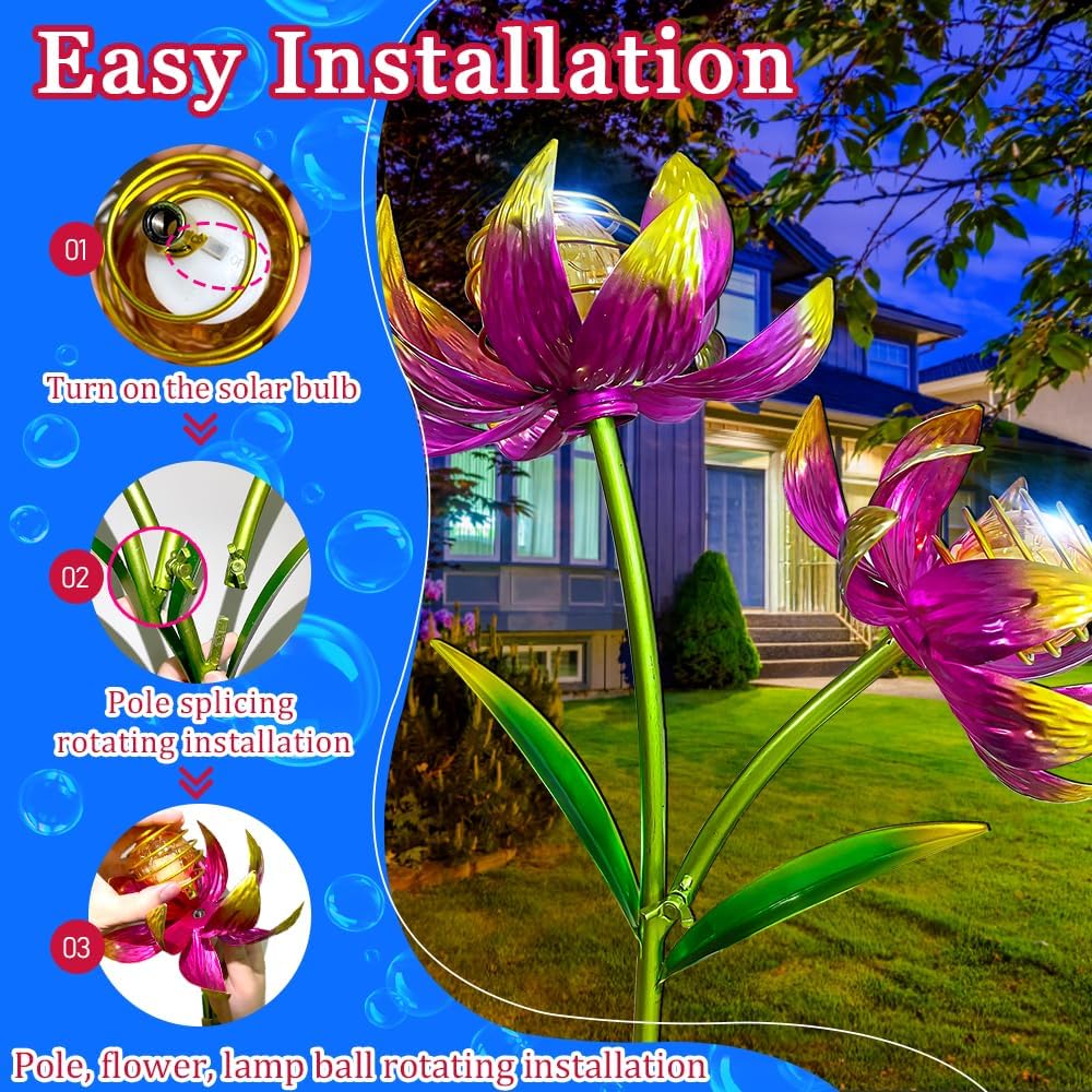 Solar Wind Spinner Outdoor, 63 Inch Metal Wind Spinner Yard Art with Lights - Twin Flower Design Pinwheels for Yard and Garden Decor, Solar Garden Decor