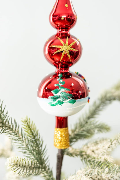 Christmas Tree Topper Spitz Glass Mouth Blown Hand-Decorated Embellishments (Burgundy, 15 inch)