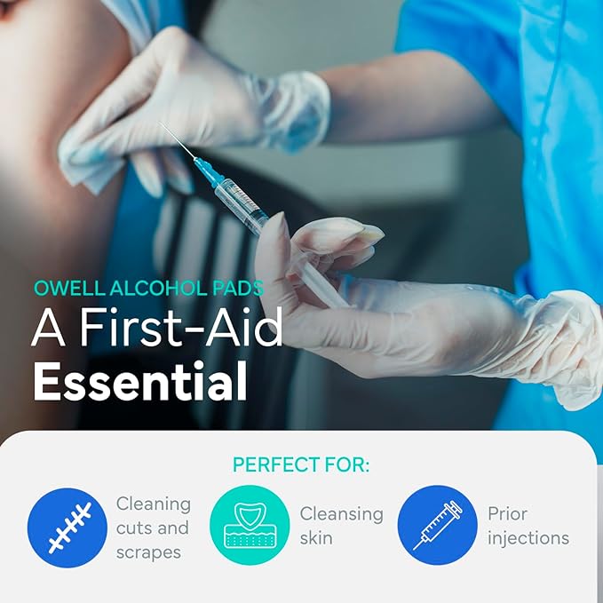 OWELL Prep Pads - 100 Individually Wrapped Sterile Alcohol Wipes, Medium 2-Ply Antiseptic Wipes for Disinfecting Skin, First Aid Kit Alcohol Swabs (100 Count)