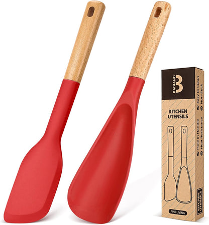 Cooking Spoon and Scraper for Nonstick Cookwares, Great for Cooking and Serving Durable BPA-Free Matte Silicone, Wood Handle Multifunction Spoon for Mixing, Scoop, and Scrape (RED)