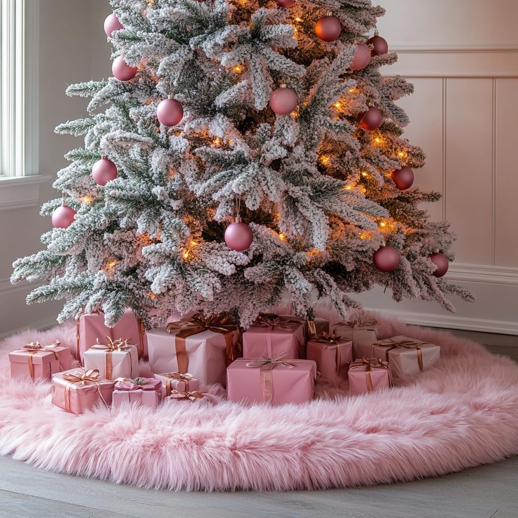 AOGU 36 Inch Faux Fur Christmas Tree Skirt Pink Plush Skirt for Merry Christmas Party Christmas Tree Decoration