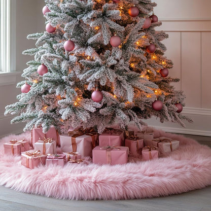 AOGU 48 Inch Faux Fur Christmas Tree Skirt Pink Plush Skirt for Merry Christmas Party Christmas Tree Decoration