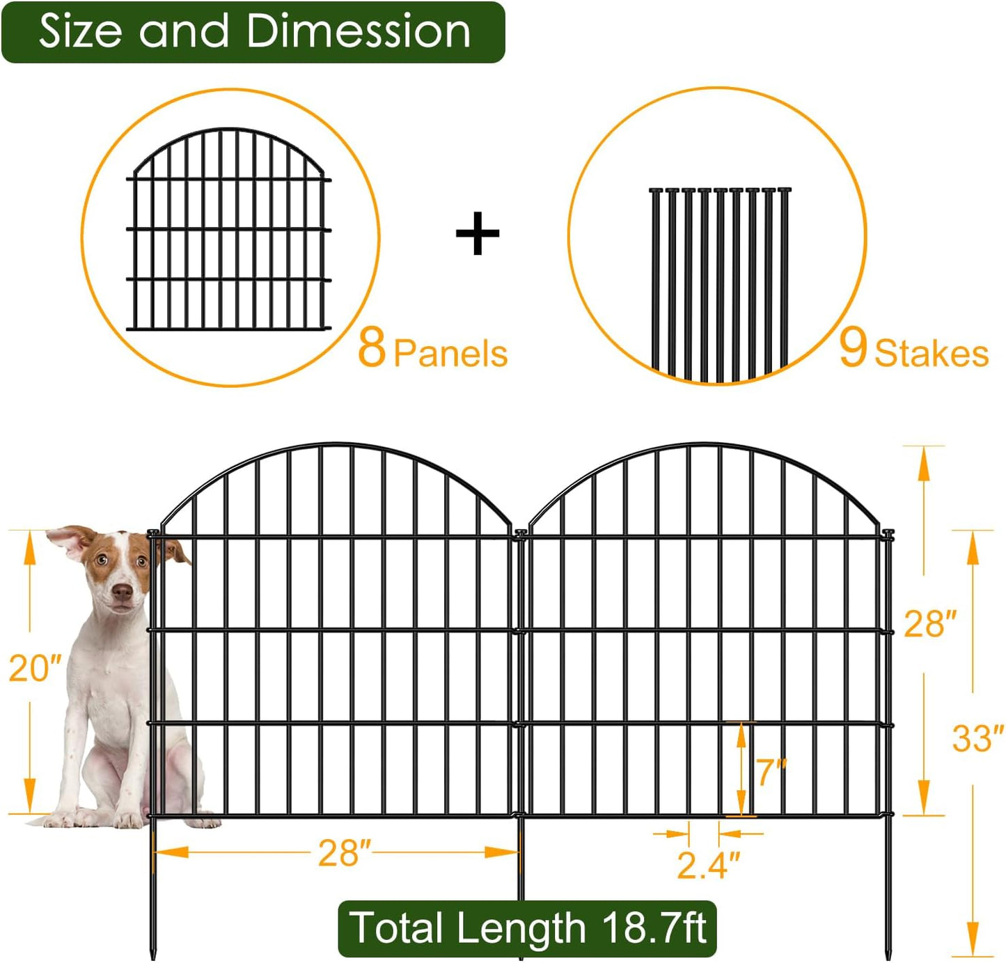 Metal Garden Fence 28in (H) x 18.7ft (L), 8 Panels + 9 Stakes Dog Fence Border Fence Animal Barrier, No Dig Garden Fencing for Yard Flower Bed Lawn Patio Outdoor, CTW2829 Black