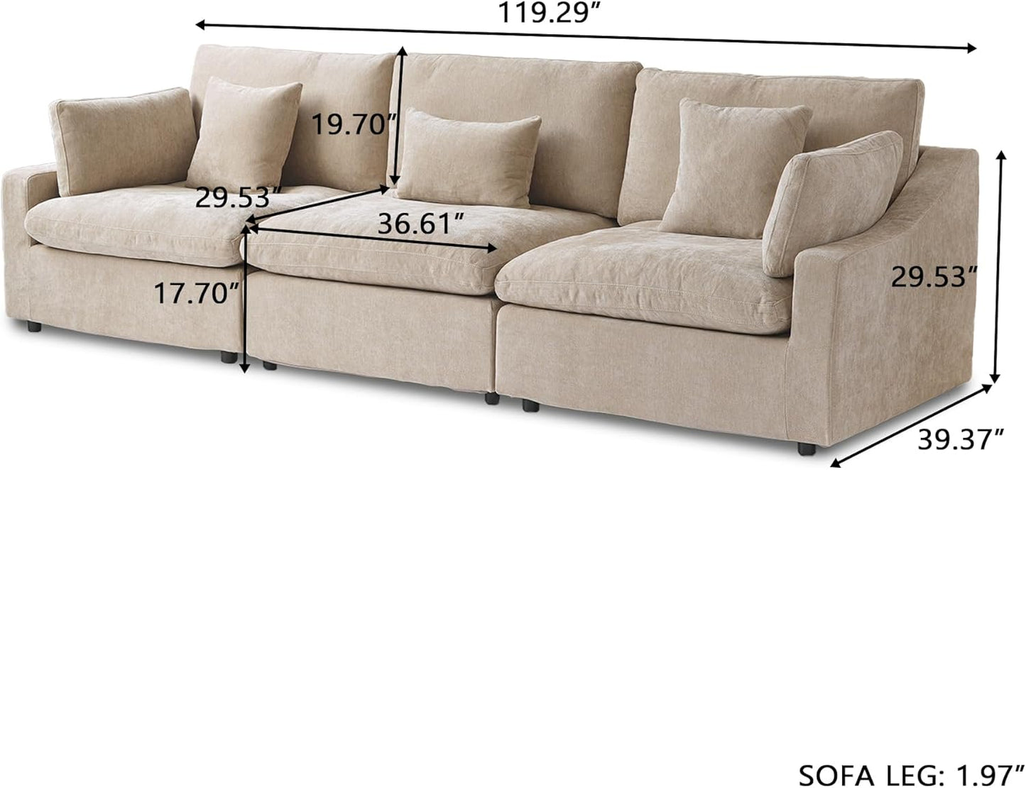 JACH Sectional Couches for Living Room, 3 Seater Cloud Sectional Couch with Deep Seat, Down Filled Modular Sofa, Covers Removeable & Washable, Sofas Furniture for Living Room, Khaki