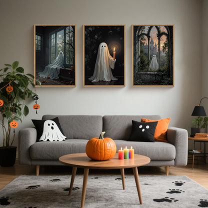 LHIUEM Large Halloween Cute Ghost Framed Canvas Wall Art Set,Vintage Spooky Wall Decor,Retro Dark Prints,Midnight Candle Poster Artwork for Living Room,Bathroom,Dining Room -16"x24"x3