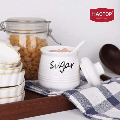 HAOTOP 12oz Sugar Bowl with Lid and Spoon,Ceramic Sugar Jar Sugar Dispenser Sugar Container Coffee Bar Accessories, Kitchen Countertop Canisters, White