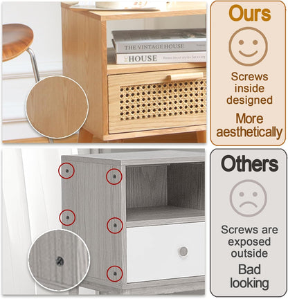 MaxSmeo Bedside Table, Small Nightstand with Charging Station, Rattan Side Table Wood End Table for Living Room, Bedroom and Small Spaces, Mid Century Modern Nightstand, Easy Assembly (Natural)