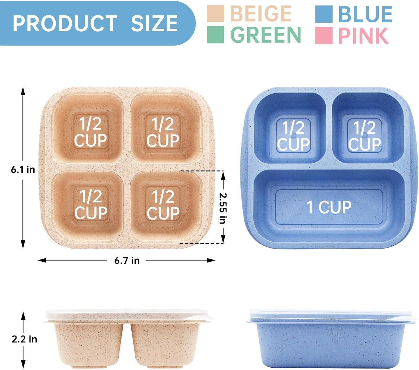 4 pack Bento Lunch Box, Snack Containers，Meal Prep Containers Kids/Toddle/Adults,Food Storage Containers for School, Work and Travel (4 and 3 Compartment Multicolor)