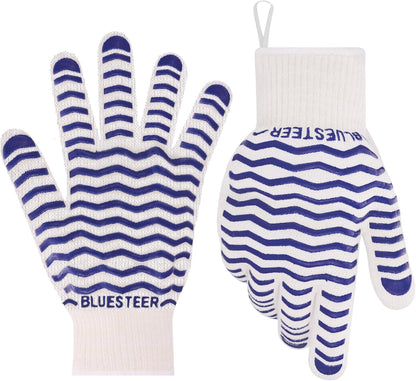 Oven Gloves 932°F Heat Resistant Oven Mitts with Fingers, Heat Proof BBQ Grill Gloves Silicone Grip Fireproof Gloves for Kitchen Cooking Grilling Baking