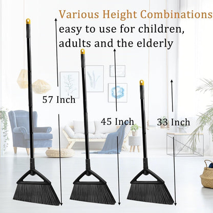 2PCS Heavy Duty Angle Broom, Long Pole Brooms for Indoor, Outdoor Sweeping, Kitchen to Courtyard, Black