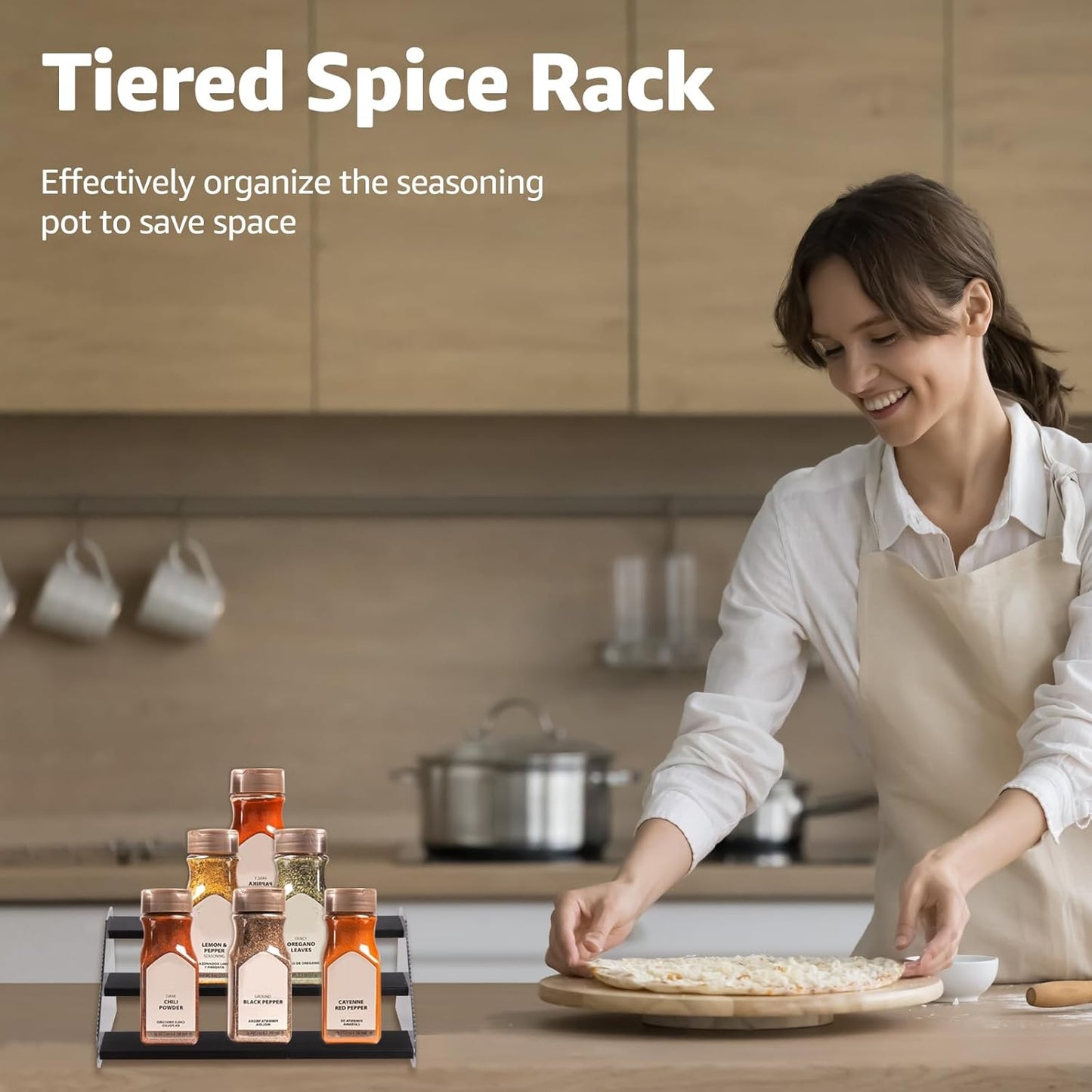 nianfeng Tiered Spice Rack, 3-Tier Spice Pantry Kitchen Cabinet Organizer, 12-Inch, Natural Wood Acrylic Stair Riser Stand, Countertop Seasoning Shelf (Black)