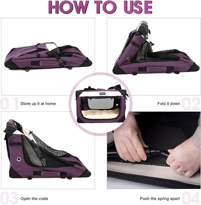 Large Cat Carrier, Collapsible Dog Travel Crate Portable Soft-Sided Pet Carrier with Super Soft Warm Plush Mat for Indoor and Outdoor 20x14x14in,Purple