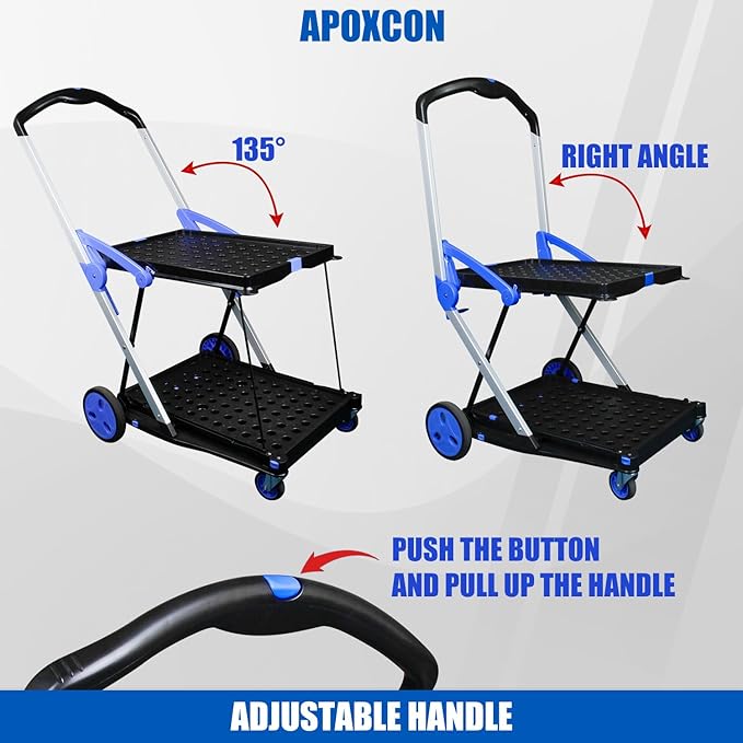 Collapsible Shopping Cart with 2 Storage Crates 2-Tier Portable Utility Cart with Swivel Wheels 200lb Capacity Heavy Duty Folding Shopping Trolley for Office Warehouse Catering (Blue)