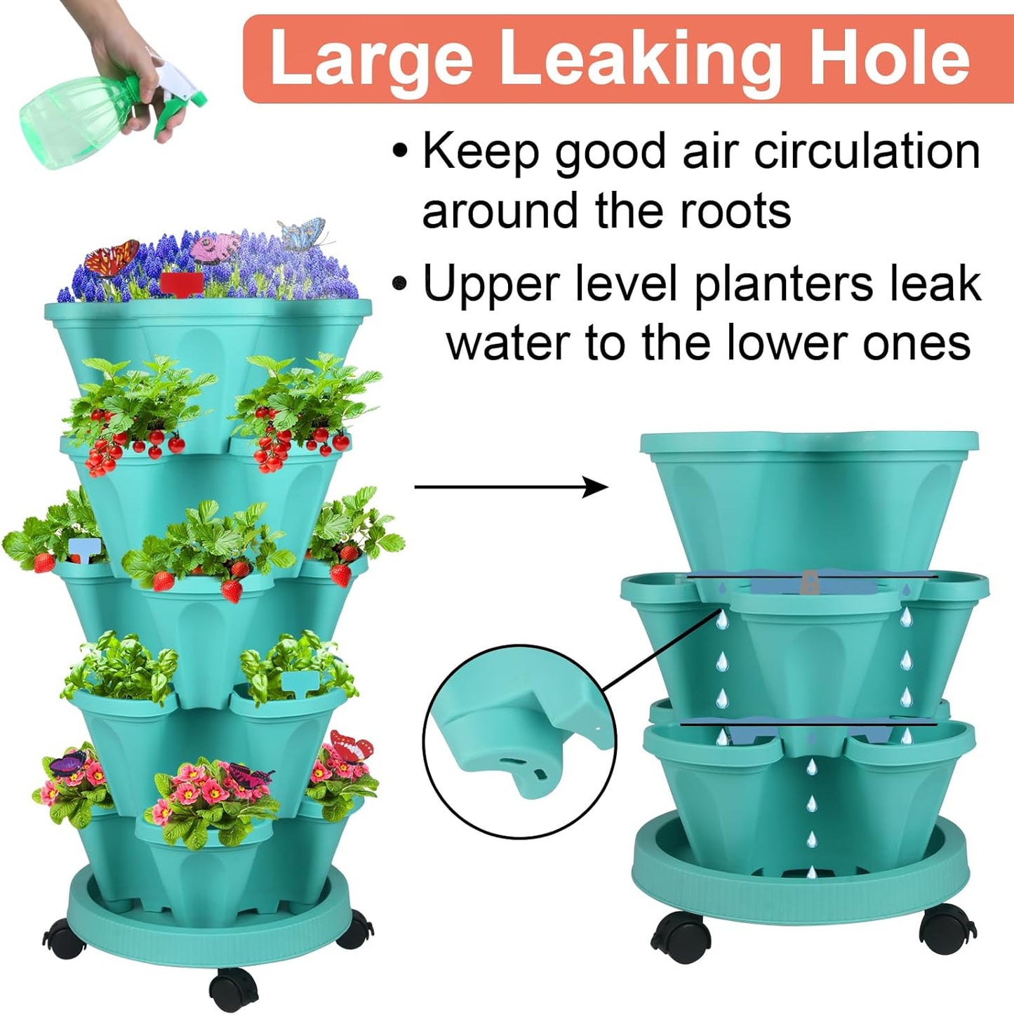 DUNCHATY Stackable Planter, Teal, 6 Tier Garden Tower, Self Watering, Indoor/Outdoor, with Garen Tool Set