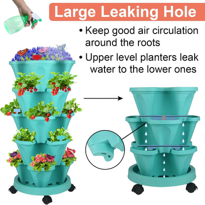 DUNCHATY Stackable Planter, Teal, 6 Tier Garden Tower, Self Watering, Indoor/Outdoor, with Garen Tool Set