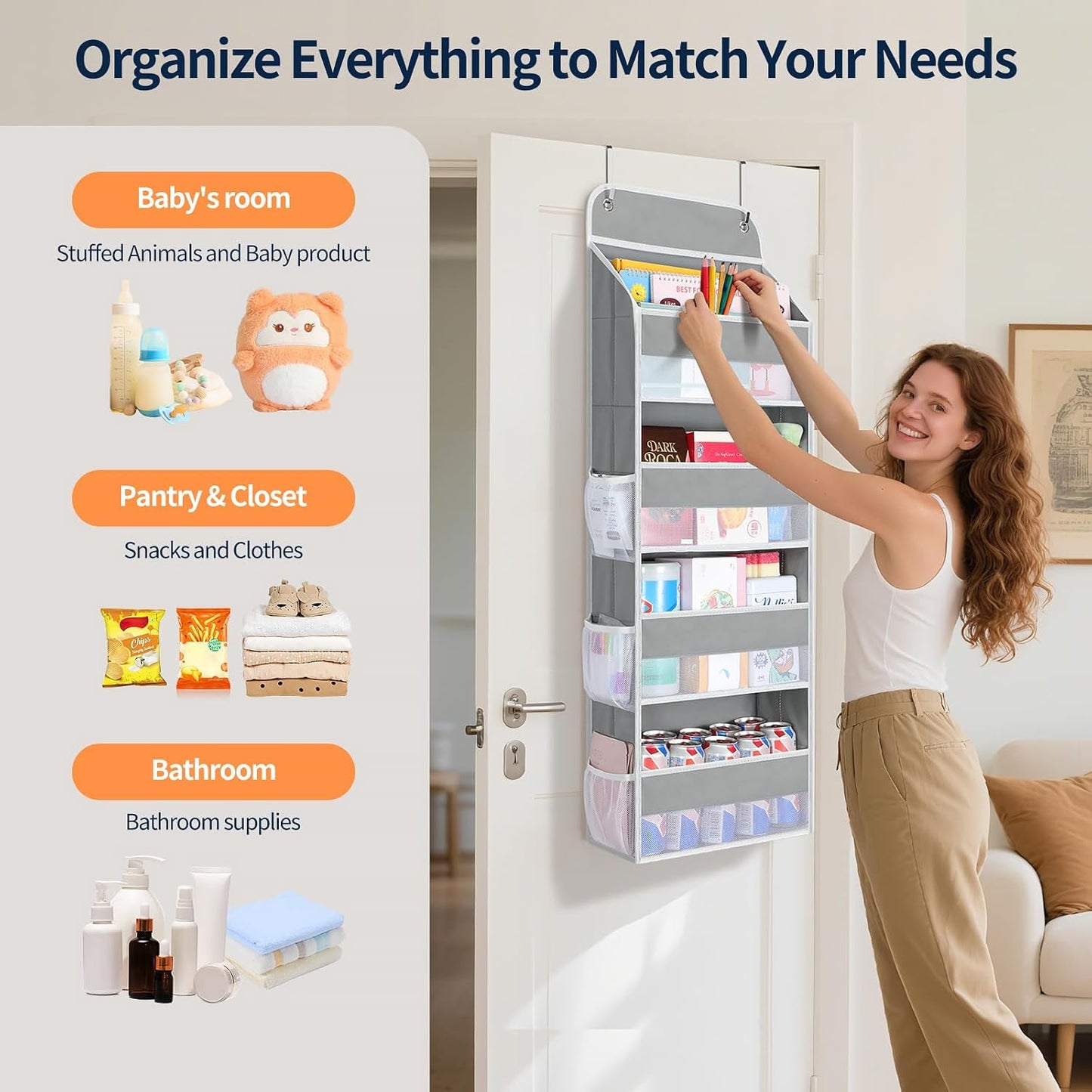 Yecaye Over The Door Organizer, Heavy Duty Hanging Organizers and Storage with 4 Large Capacity Pockets, Swing-Proof Behind The Door Storage for Bathroom Nursery Bedroom Dorm Closet, Grey