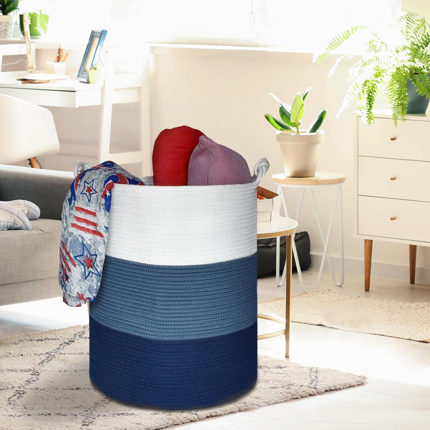 COMSE Extra Large Blanket Basket, Tall Woven Storage Basket, Nursery Hamper, 15.7”x 21.7”, Cotton Rope Laundry Hamper for Toys Clothes Towels, White/Cadet Blue/Navy Blue