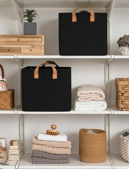 StorageWorks Storage Bins, Fabric Storage Bins for Shelves, Large Storage Baskets with Metal Frame, Closet Baskets and Bins with Handles, Black, 2-Pack