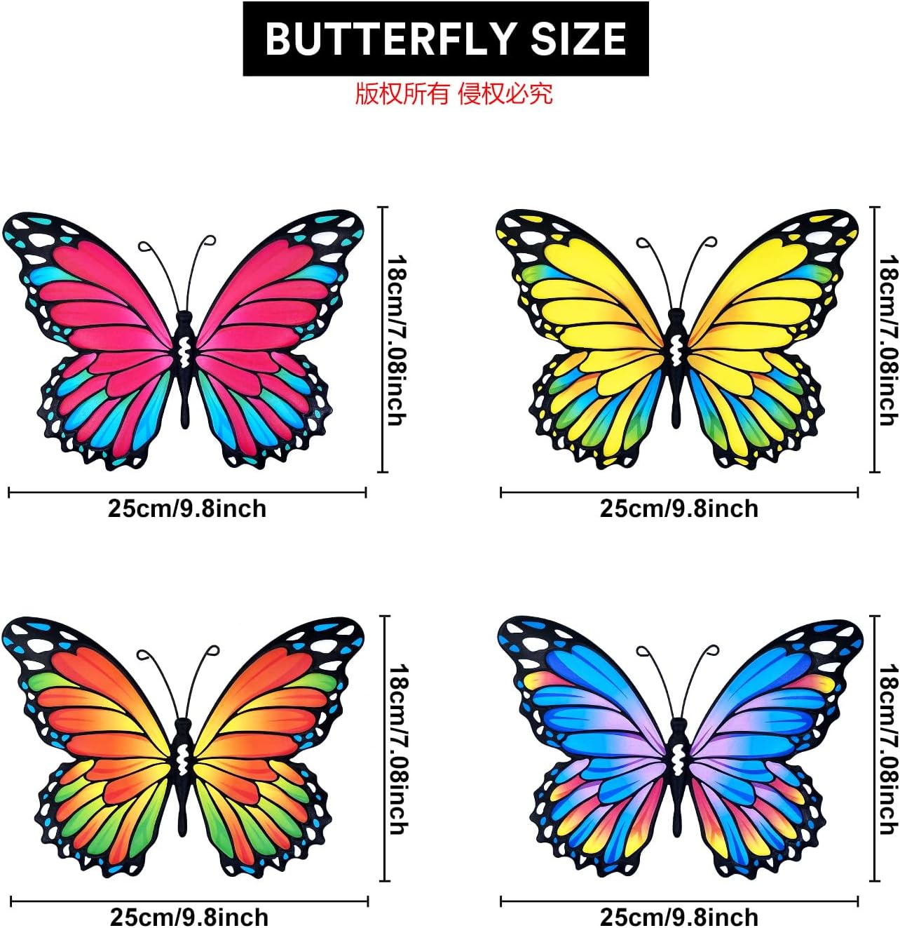 Oraytteo Metal Butterfly Wall Outdoor Decor - 4pcs 9.8inch Hanging Butterflies Wall Art Sculptures for Indoor and Outdoor Fence Patio Yard Home Wall Decorations, Gift for Mom Dad Friends