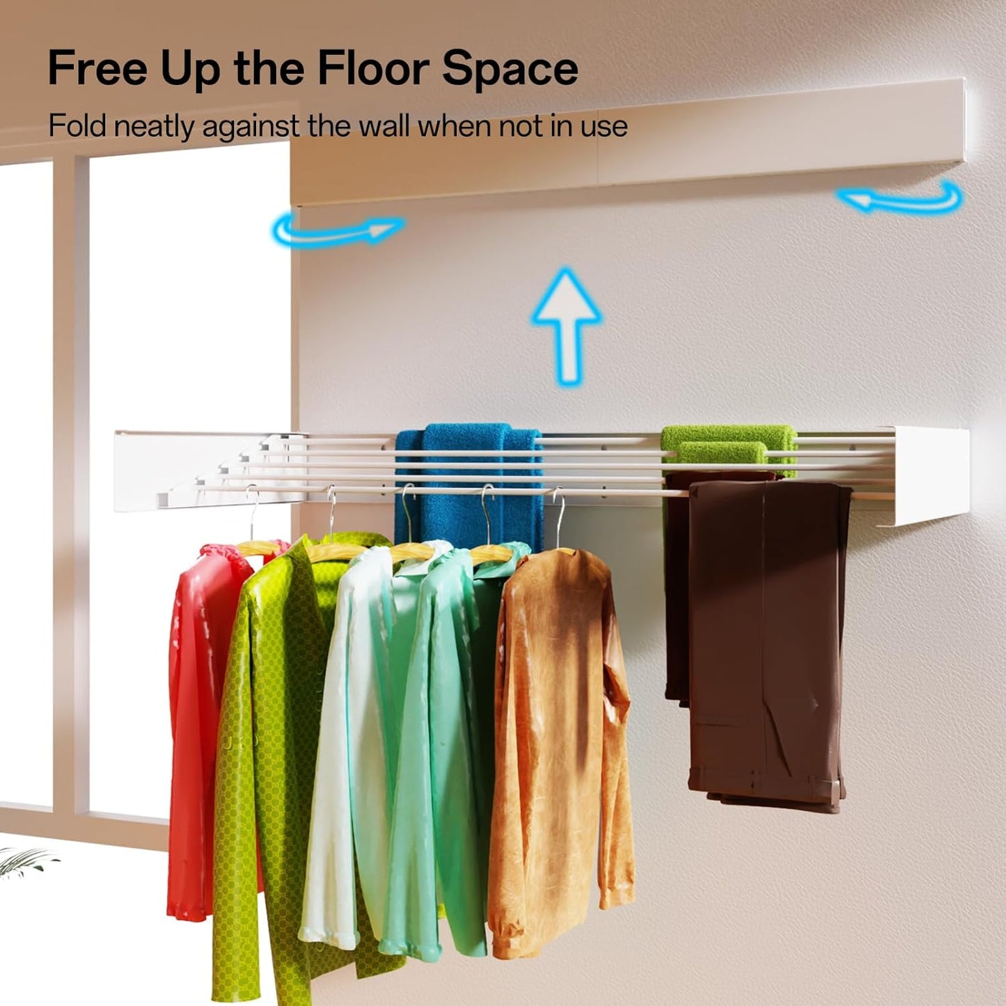 Wall Mounted Drying Rack for Laundry 40'', Folding Drying Rack Clothing Wall Mount with 5 Rods, Space Saving for Indoor Outdoor Bathroom Balcony (White, 40'')