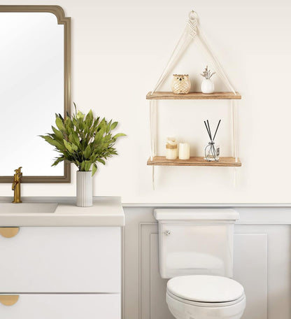 Mkono Macrame Hanging Shelf Boho Wall Decor 2 Tier Handmade Cotton Rope Rustic Wood Floating Shelves Display Photos Plants Hanging Storage Shelving for Living Room Nursery Bathroom Bedroom