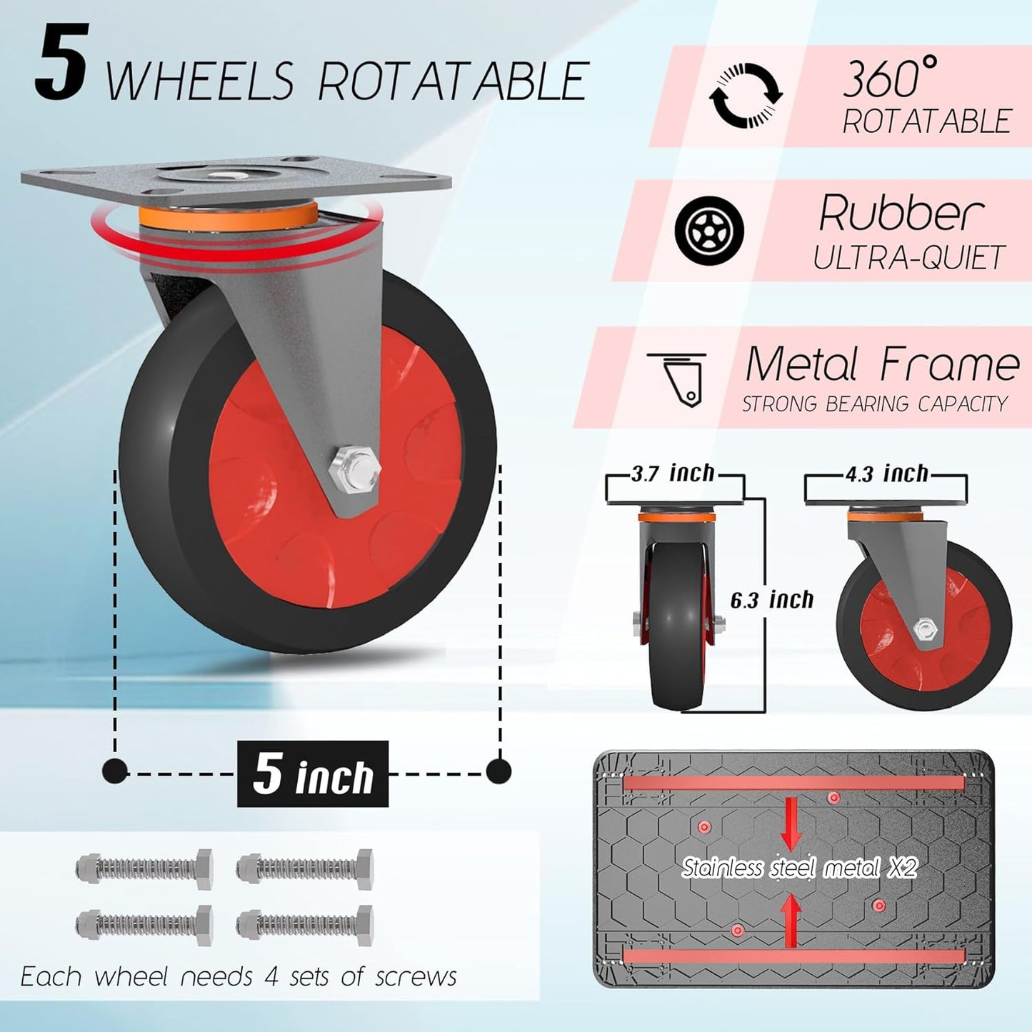 Utility Service Cart 2 Shelf - 880lbs Capacity Heavy-Duty Plastic Rolling Utility Carts with 5 of 360° Swivel Wheels and Handle, Large Service Cart for Groceries, Warehouse,Garage 43.5''x25.6''