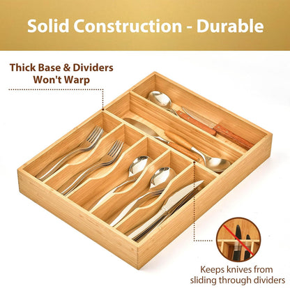 Umilife Kitchen Drawer Organizer, 12.5 Inch Silverware Utensil Tray Holder, Extra Deep, with Non-Slip Feet & Grooved Drawer Divider, 7 Slots Total Bamboo Wood Caddy for Flatware Cutlery Knives