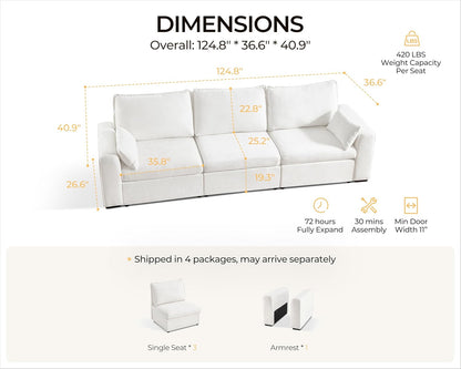 Oversized Modular Sofa Comfy Cloud Couch with Storage, Extra Deep Plush Sectional Sofa Set for Living Room, Covers Washable, Chenille, Olar (White, 3-Seater, Basic Shape)